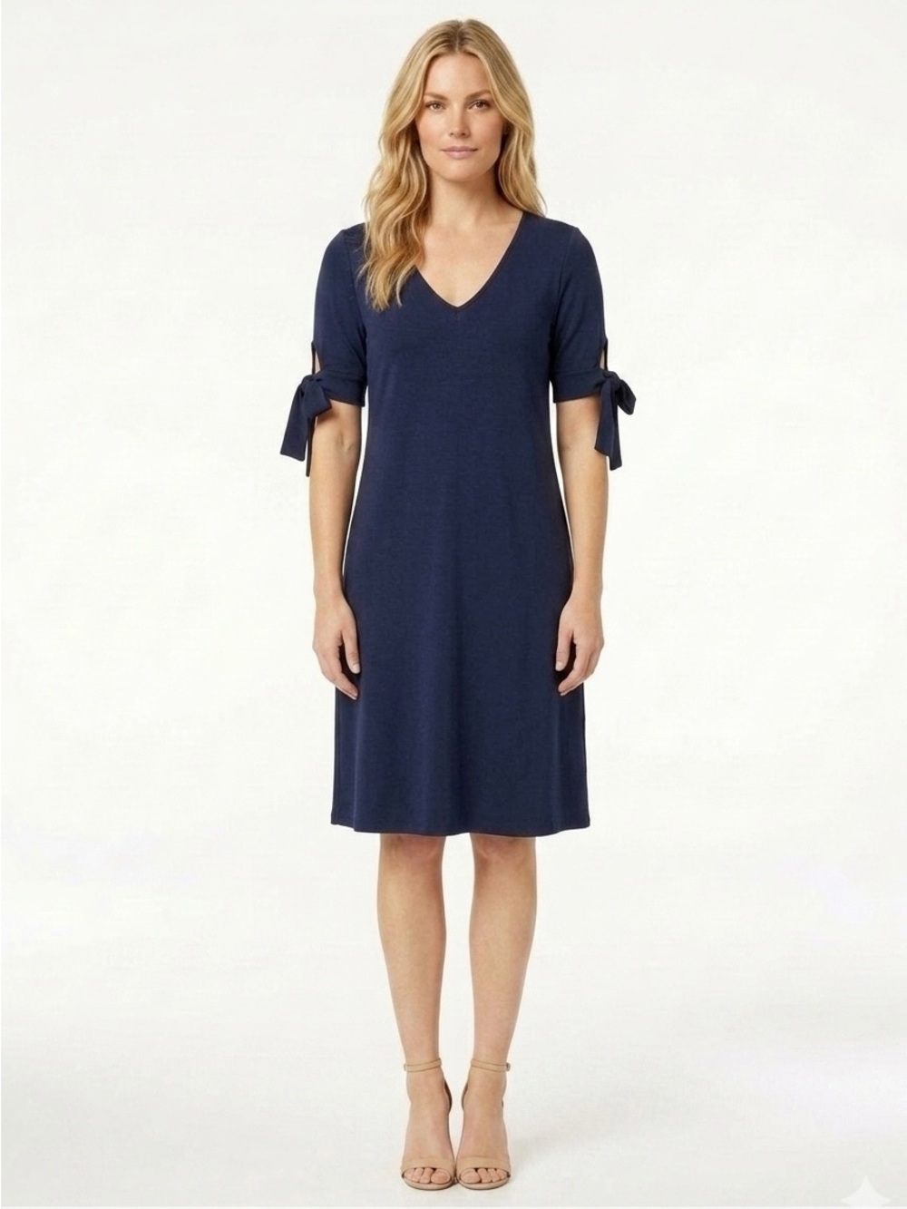 525 America V-neck Bow Sleeve Fit & Flare Midnight Blue Dress- NWT